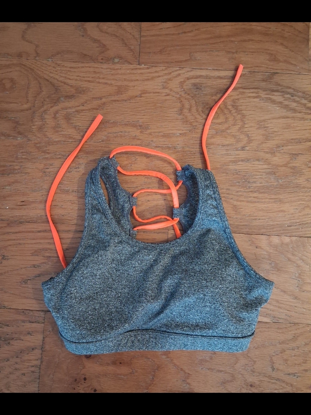 Heather Gray Sports Bra with Neon Orange Strappy Back